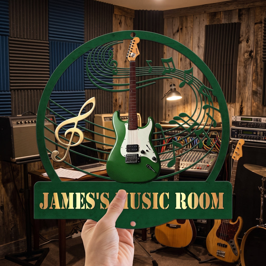 Guitar Music Room, Custom Name & Guitar Type - Personalized Metal Sign